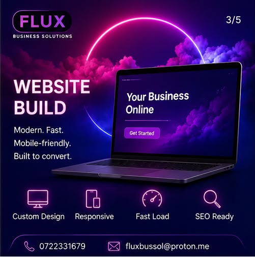 FLUX website build poster showing a laptop with a business homepage