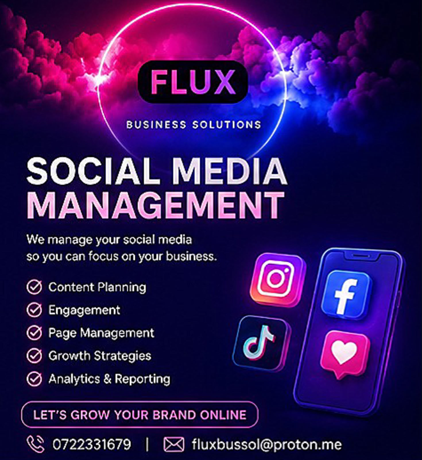 FLUX social media management poster with checklist and phone artwork