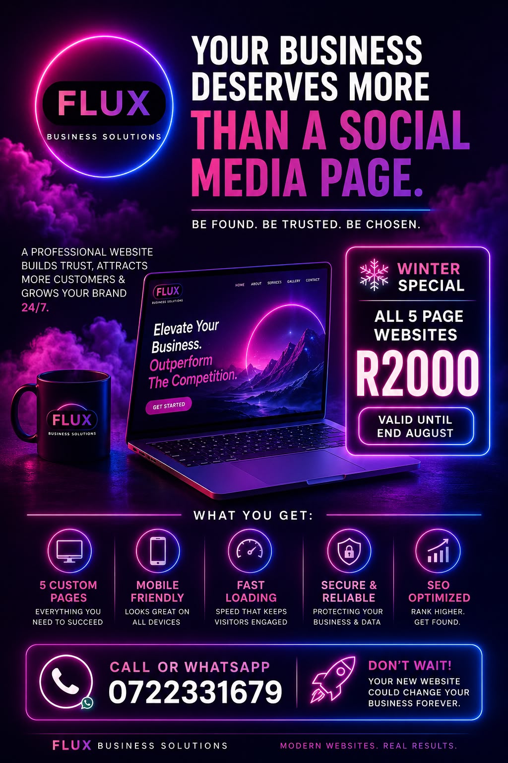 FLUX website promotion artwork featuring a laptop showing a neon business homepage