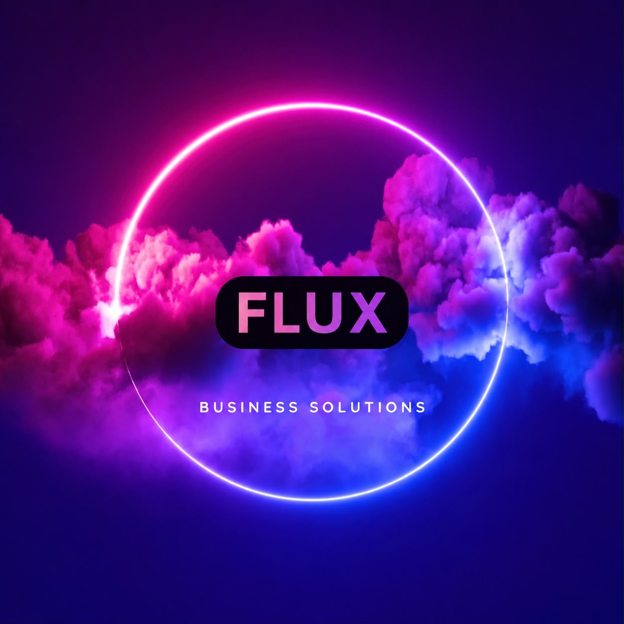 FLUX Business Solutions neon ring logo on a purple and magenta cloud backdrop