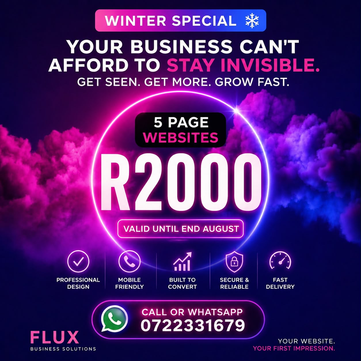 FLUX winter special advertising poster with a neon ring and pricing