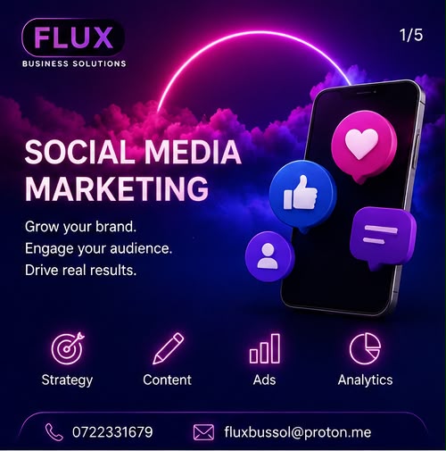 FLUX social media marketing poster with floating engagement icons