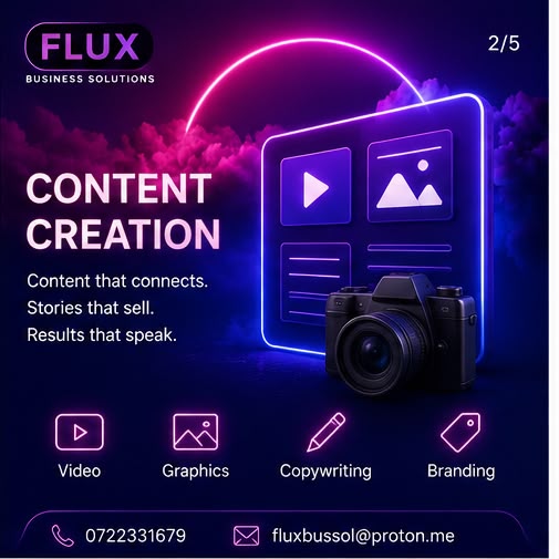 FLUX content creation poster with camera and media panels in neon